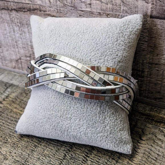 Charming Charlie Jewelry - Silver Sequin Wrap Bracelet White Suede Snap Shiny Metallic Crystal Rhinestones
